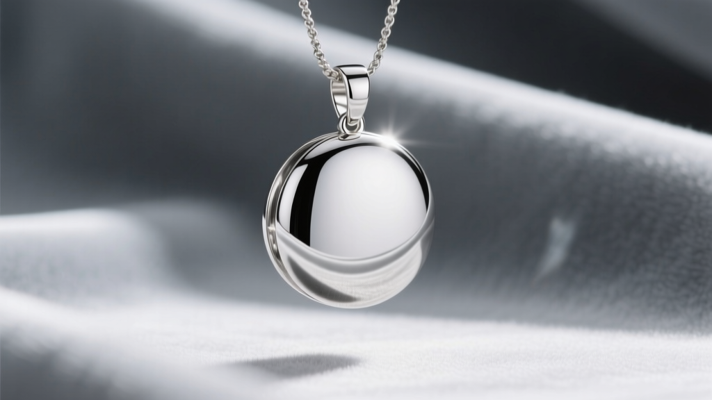 Studio light reflecting off a polished Argentium silver pendant, showing its bright mirror finish on a soft gray velvet backdrop.