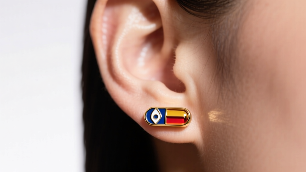 Close-up of an ear wearing a hard-enamel Capsule Corp logo stud earring in 14k gold vermeil under soft, warm studio lighting