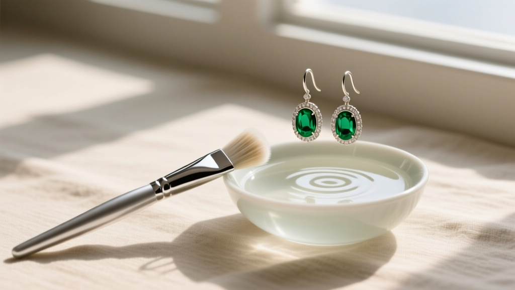 Softly lit flat lay showing a gentle jewelry brush, a bowl of lukewarm soapy water, and delicate emerald drop hoop earrings