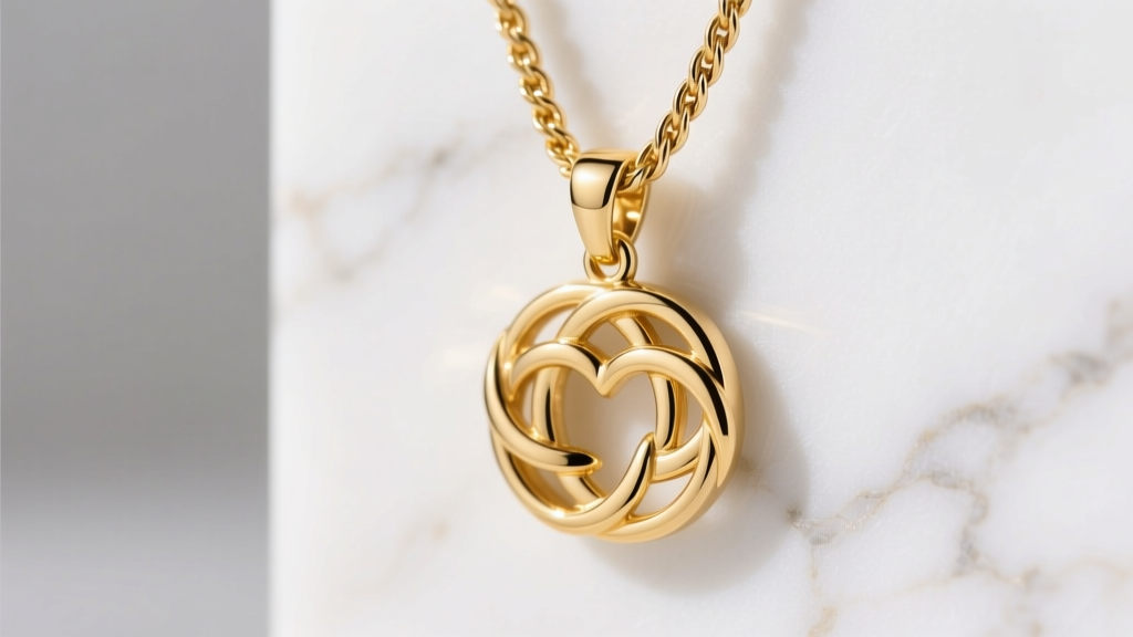 18k yellow gold Claddagh ring pendant hanging from a thick polished rope chain, shown against a crisp white marble backdrop