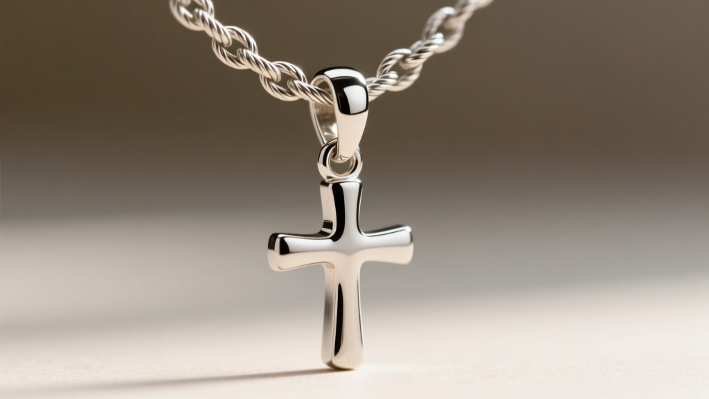 Macro shot of a 2mm stainless steel rope chain threading through a polished bail on a cross pendant, showing intricate metal links