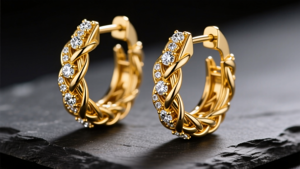Close-up of 18k yellow gold braided wirework huggie earrings with micro-pave diamonds on dark slate under bright studio lighting