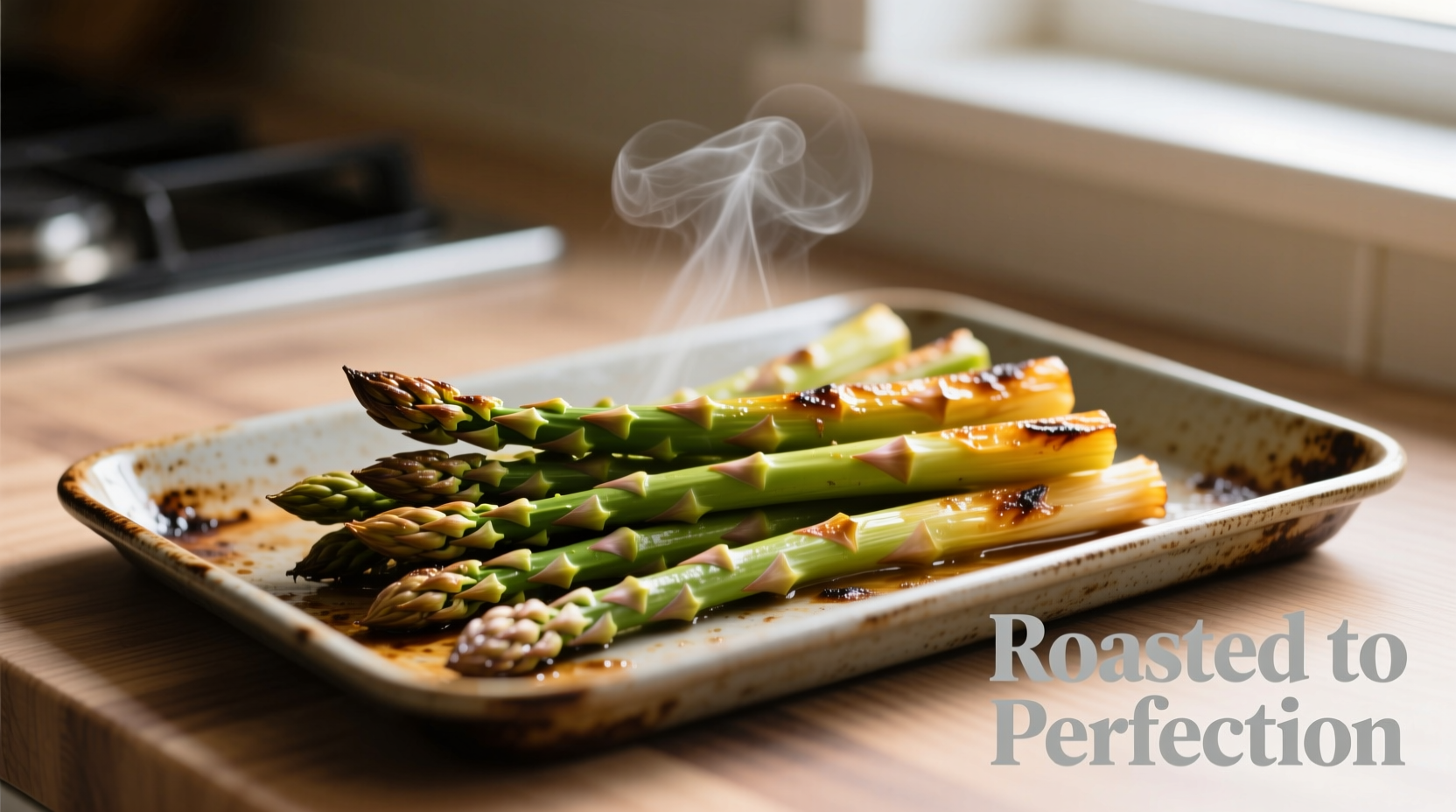 Perfectly roasted asparagus on baking sheet