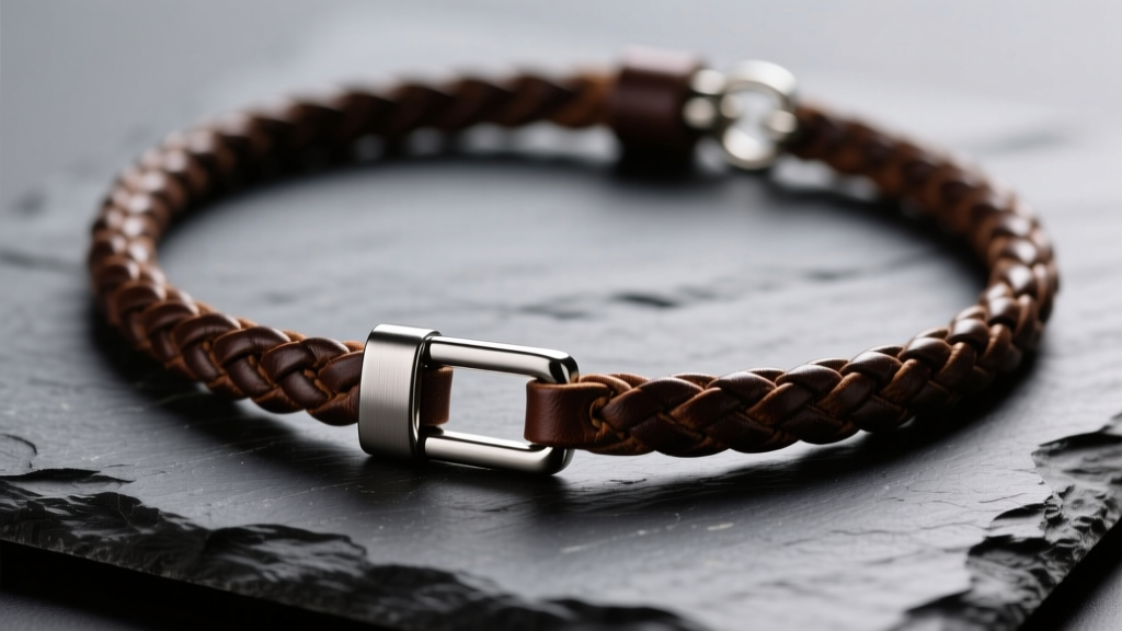 Close-up of a rugged 5mm dark brown braided leather necklace with a brushed stainless steel bayonet clasp resting on dark slate