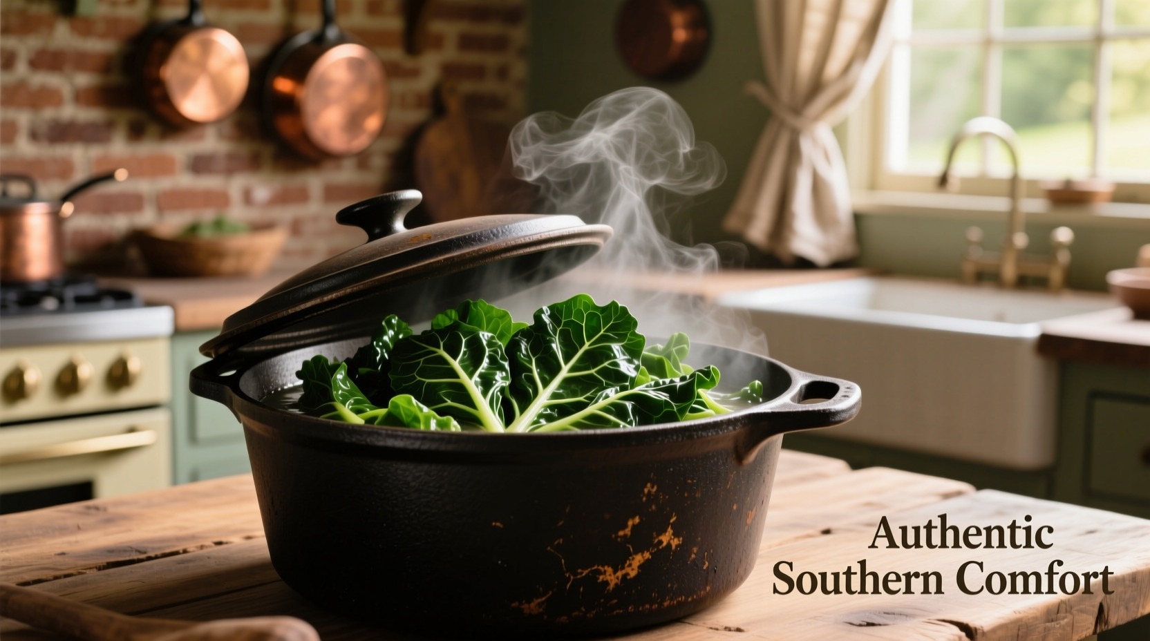 Perfectly cooked collard greens in cast iron pot