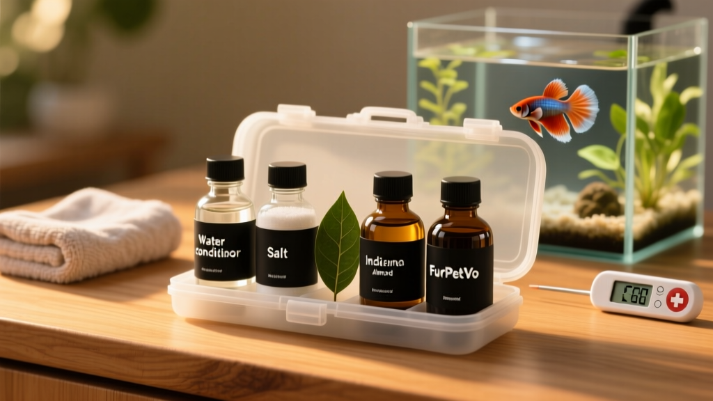 Compact, organized fish first aid kit with labeled bottles of water conditioner, aquarium salt, Indian almond leaves, and FurPetVo-branded treatment solutions