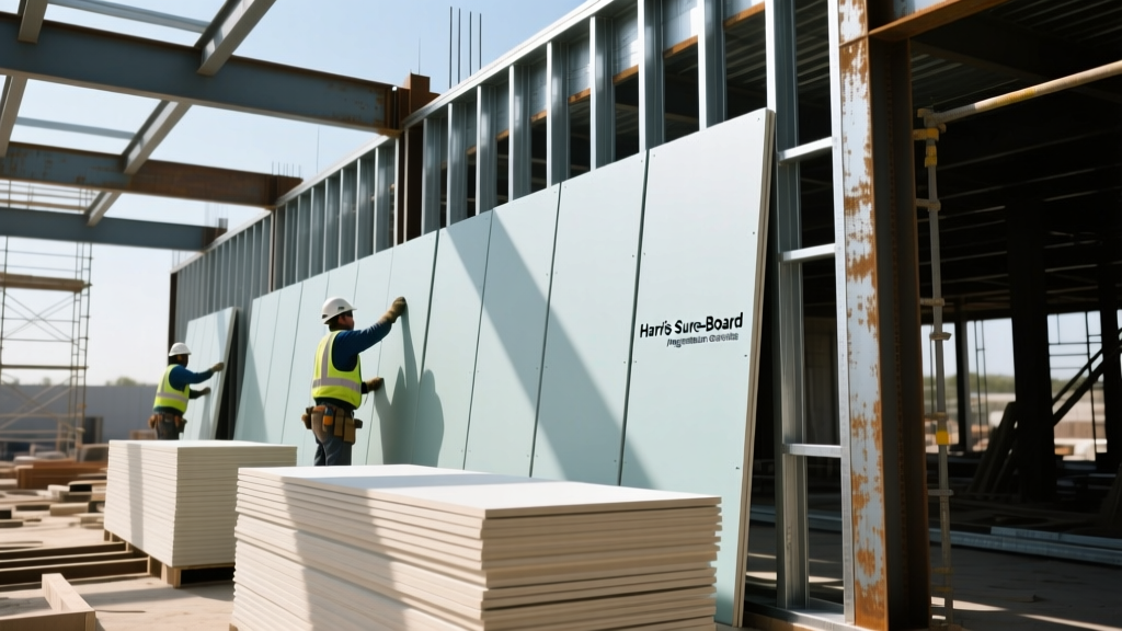 Harris Sure-Board magnesium oxide sheathing panels stacked on a commercial site with workers installing them on steel framing