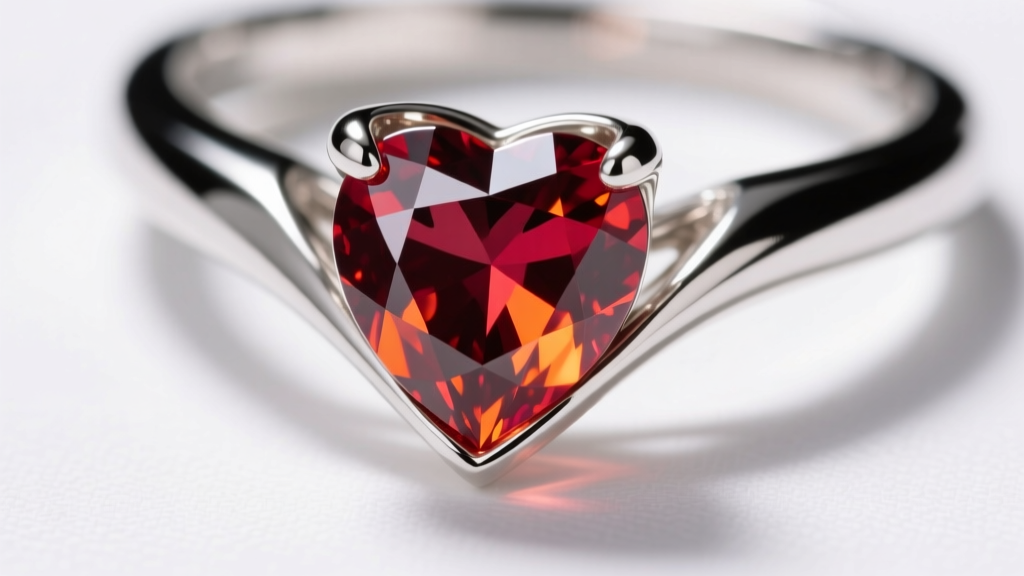 Close-up of a platinum V-prong securing the bottom tip of a heart-cut ruby, with metal folded over the delicate gemstone point.