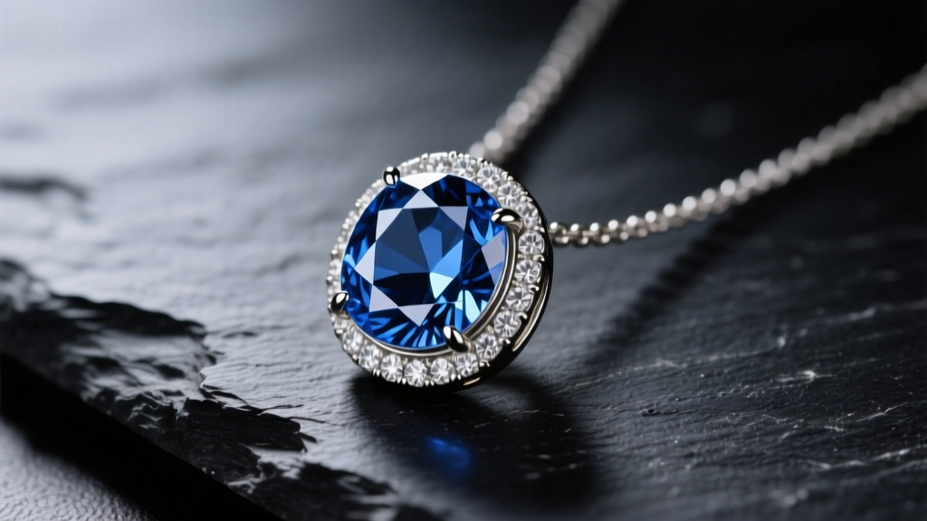 Close-up of a bezel-set blue sapphire gem pendant necklace on dark slate, soft directional lighting highlighting the faceted stone.