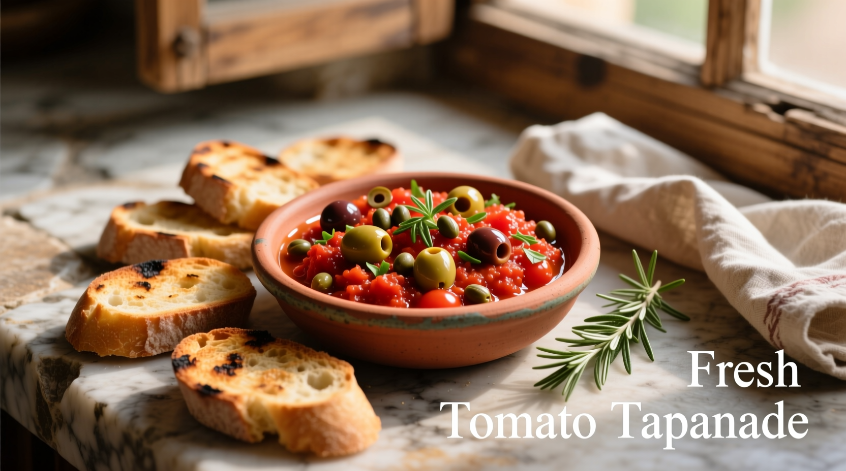 Fresh tomato tapenade in rustic bowl with crostini