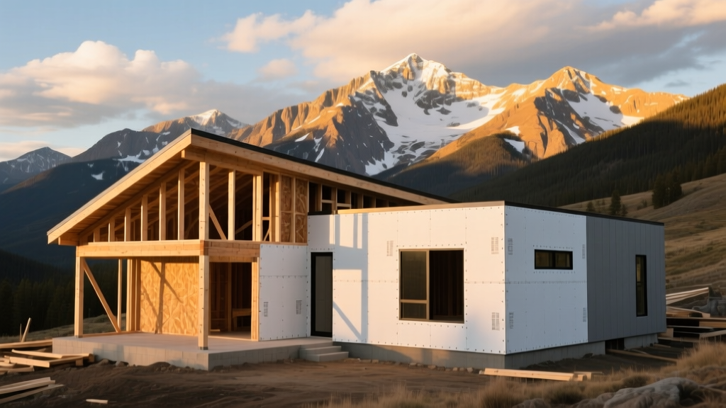 Modern mountain home under construction in Colorado with exposed timber framing, structural insulated panels, and snow-capped peaks in the background