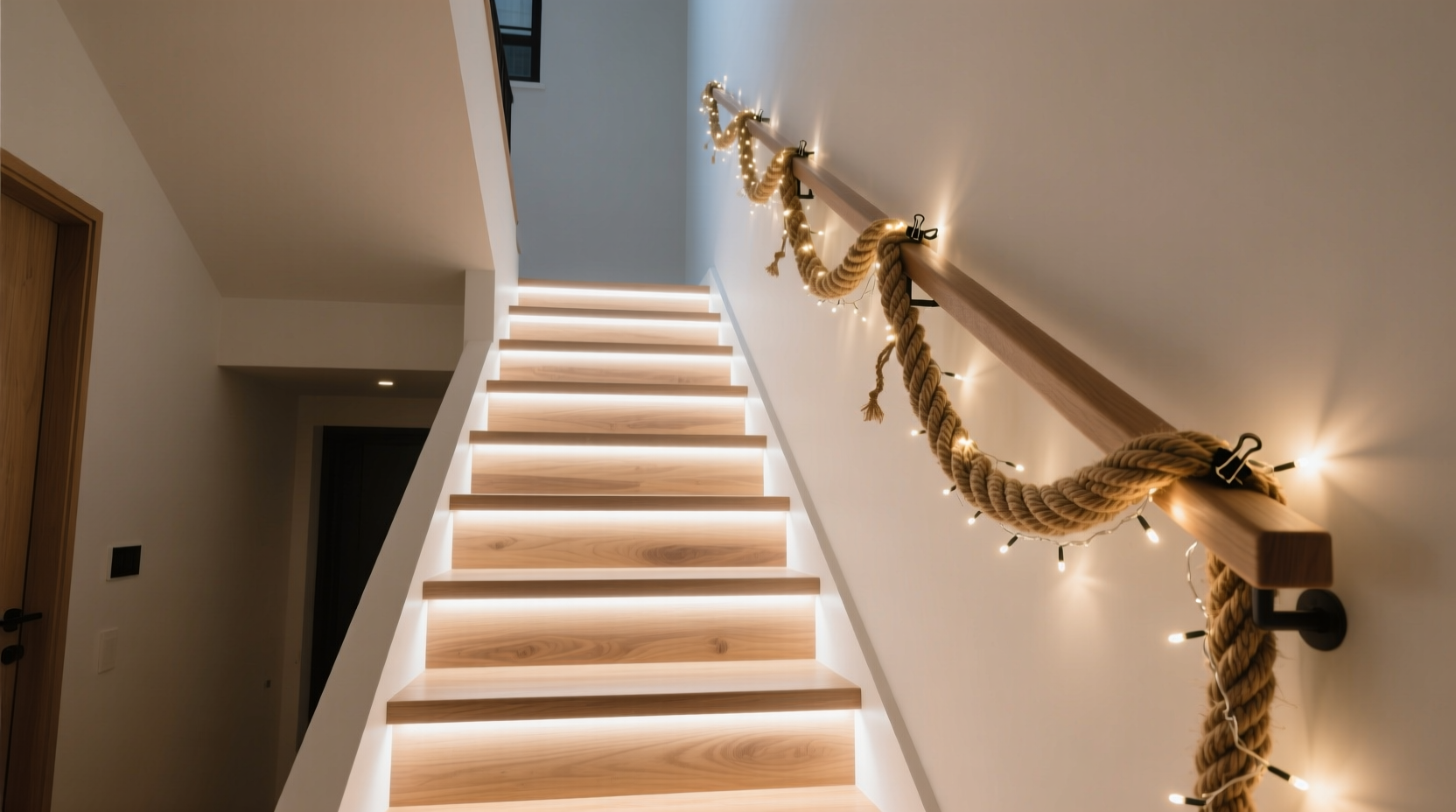 how to decorate a staircase with lights and garland without tripping hazards
