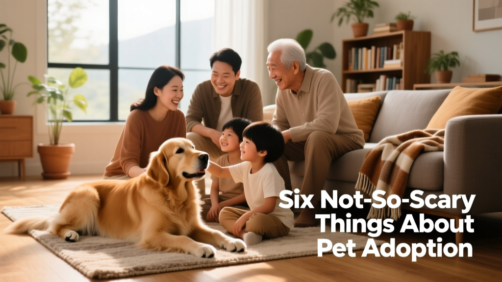 A smiling family gently interacting with a calm, friendly dog in a sunlit living room