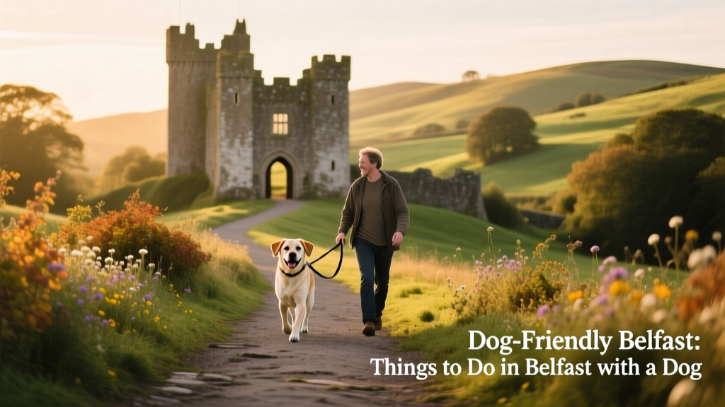 A historic castle overlooking green hills near Belfast, with a dog-friendly path leading toward it