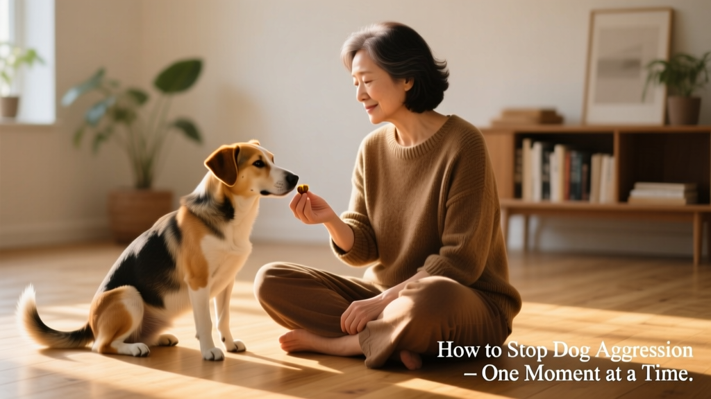 A person calmly sitting beside their dog on the floor, offering a treat while the dog looks relaxed and engaged