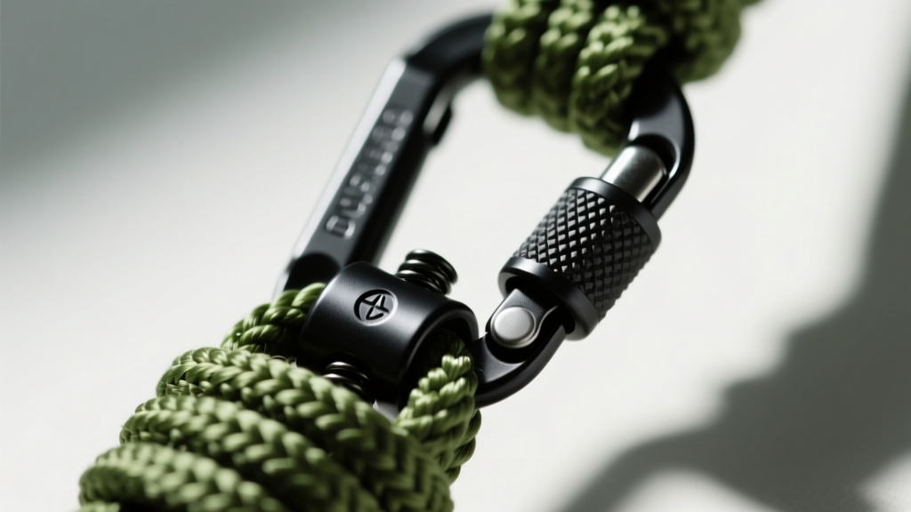 Macro shot of a black plastic parachute breakaway clasp on olive green paracord, highlighting the safety release mechanism.