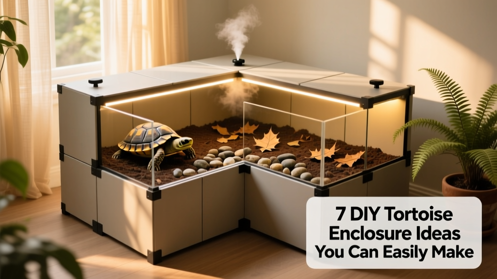Modular tortoise enclosure panels assembled into an L-shaped habitat with integrated lighting, misting nozzles, and textured substrate