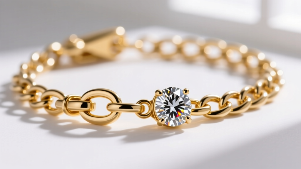 Macro shot of a 14k gold cable chain with a bezel-set diamond pendant, highlighting the lobster clasp and polished metal links