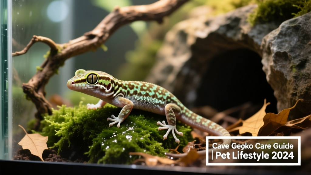 Chinese cave gecko resting on damp moss inside a naturalistic terrarium with climbing branches and a hide