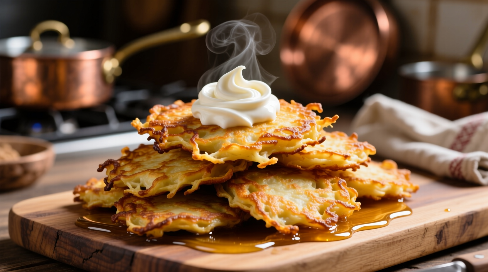 Crispy golden potato latkes served with sour cream