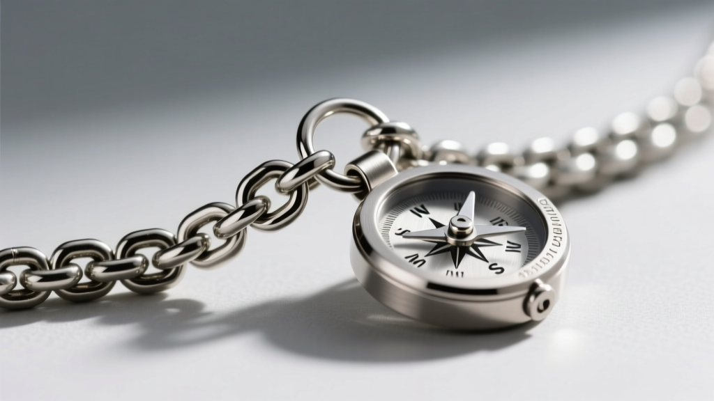 Macro shot of a 2.0mm steel wheat chain attached to a titanium compass pendant, highlighting the secure lobster clasp and jump ring