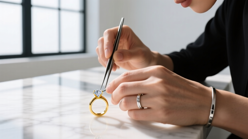 A jeweler's loupe held over a gold chain link, bringing a faded HGE stamp into sharp focus against a softly blurred background.