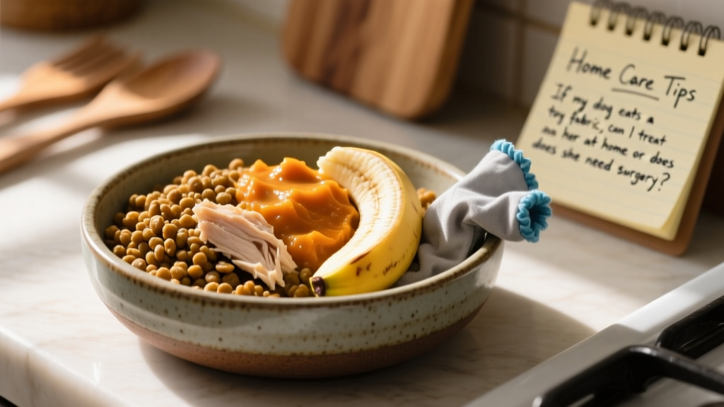 Bowl of homemade bland dog food: soft lentils, shredded chicken, pumpkin, and banana blended into a cohesive, appetizing mixture