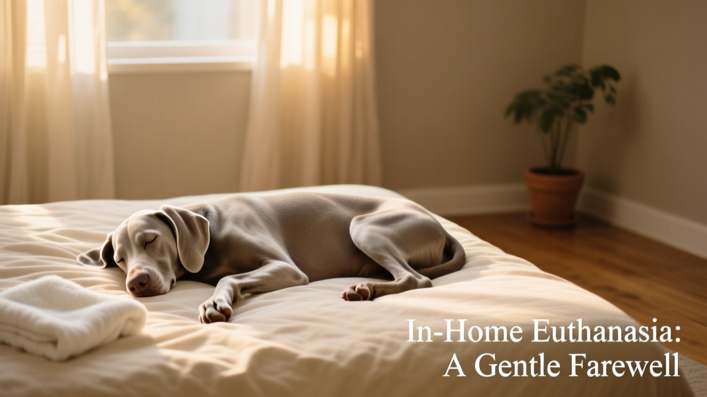 A silver Weimaraner resting calmly on a soft bed indoors, surrounded by gentle lighting