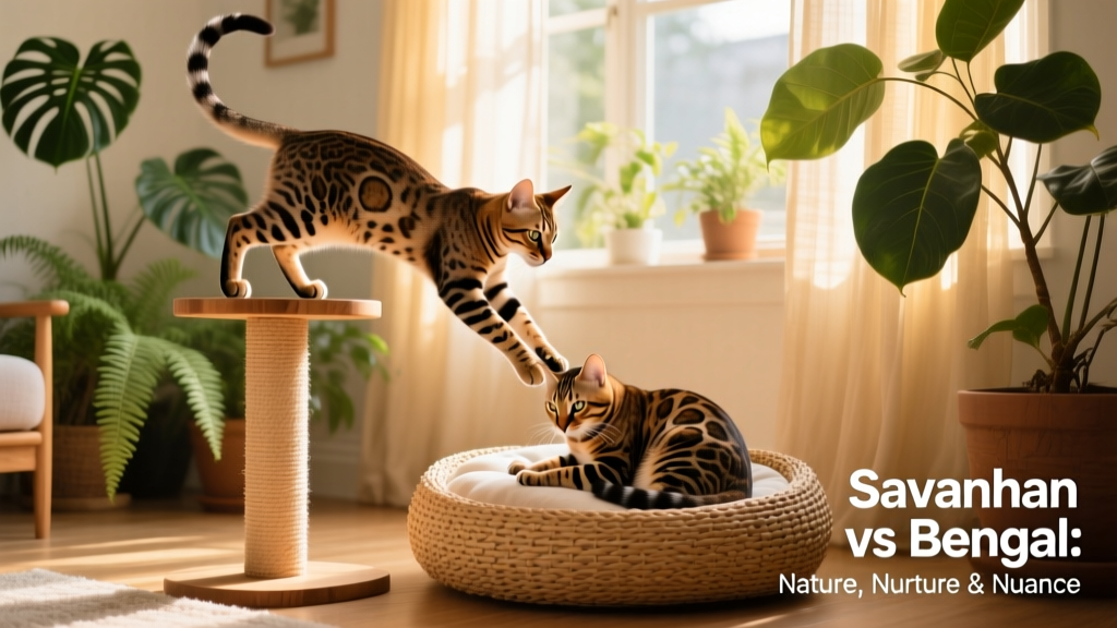 A Savannah cat leaping onto a tall perch beside a Bengal cat grooming itself on a woven cat bed, both in a bright, plant-filled living room