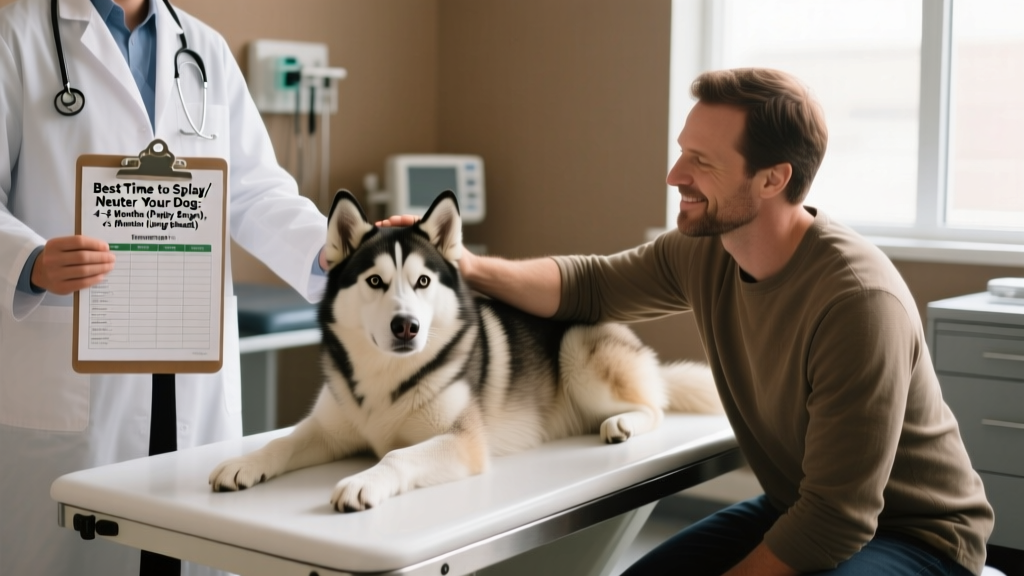 Husky dog lying on vet table with doctor and owner near by