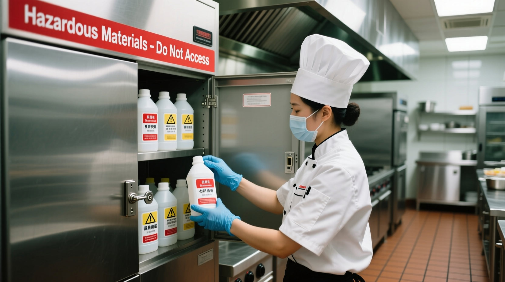 Kitchen worker properly storing cleaning chemicals away from food