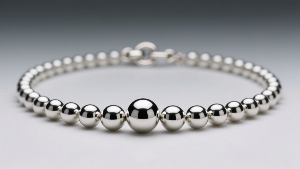 Macro photography of a graduated silver beads necklace transitioning from 8mm spheres at the center to 3mm near the clasp.