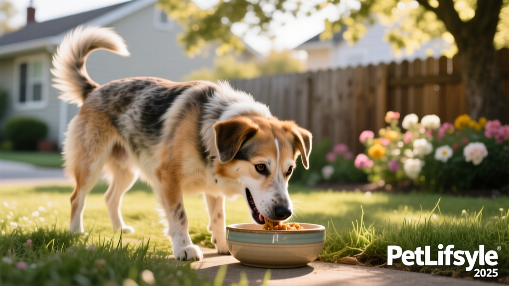 Happy senior mixed-breed dog enjoying a meal outdoors on a sunny day, tail wagging, with a calm, content expression