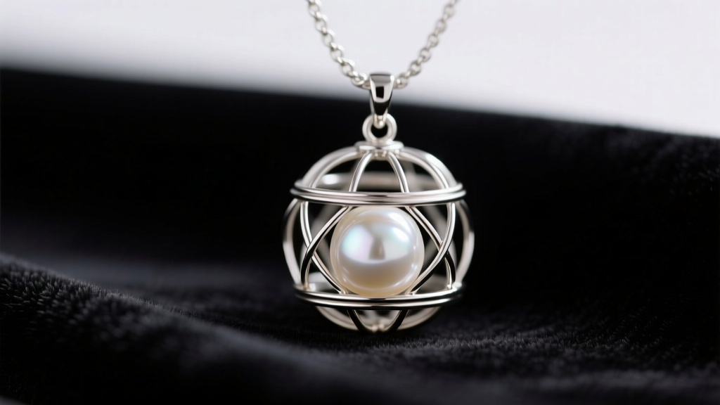 Silver wire-wrapped monkey ball cage pendant holding a 10mm pearl, resting on dark velvet under soft studio lighting, macro shot.