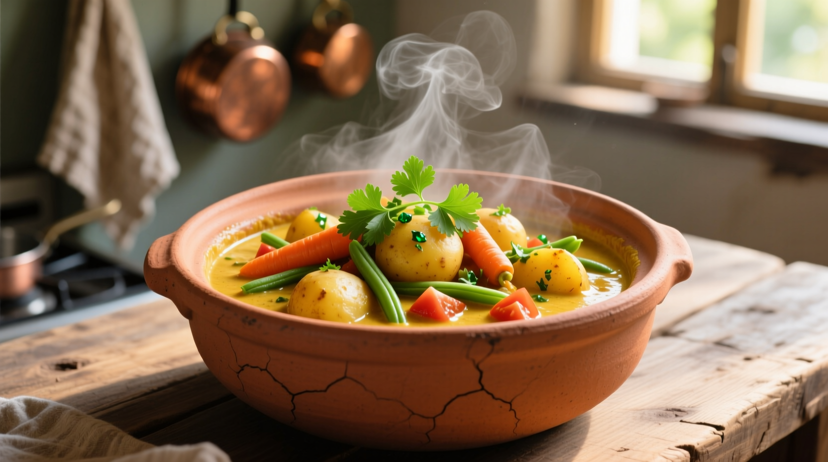 Golden potato vegetable curry in clay pot with fresh cilantro