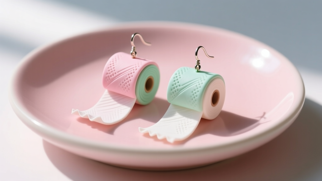 Polymer clay toilet paper earrings with unrolling tails on a pastel pink ceramic dish in bright natural light