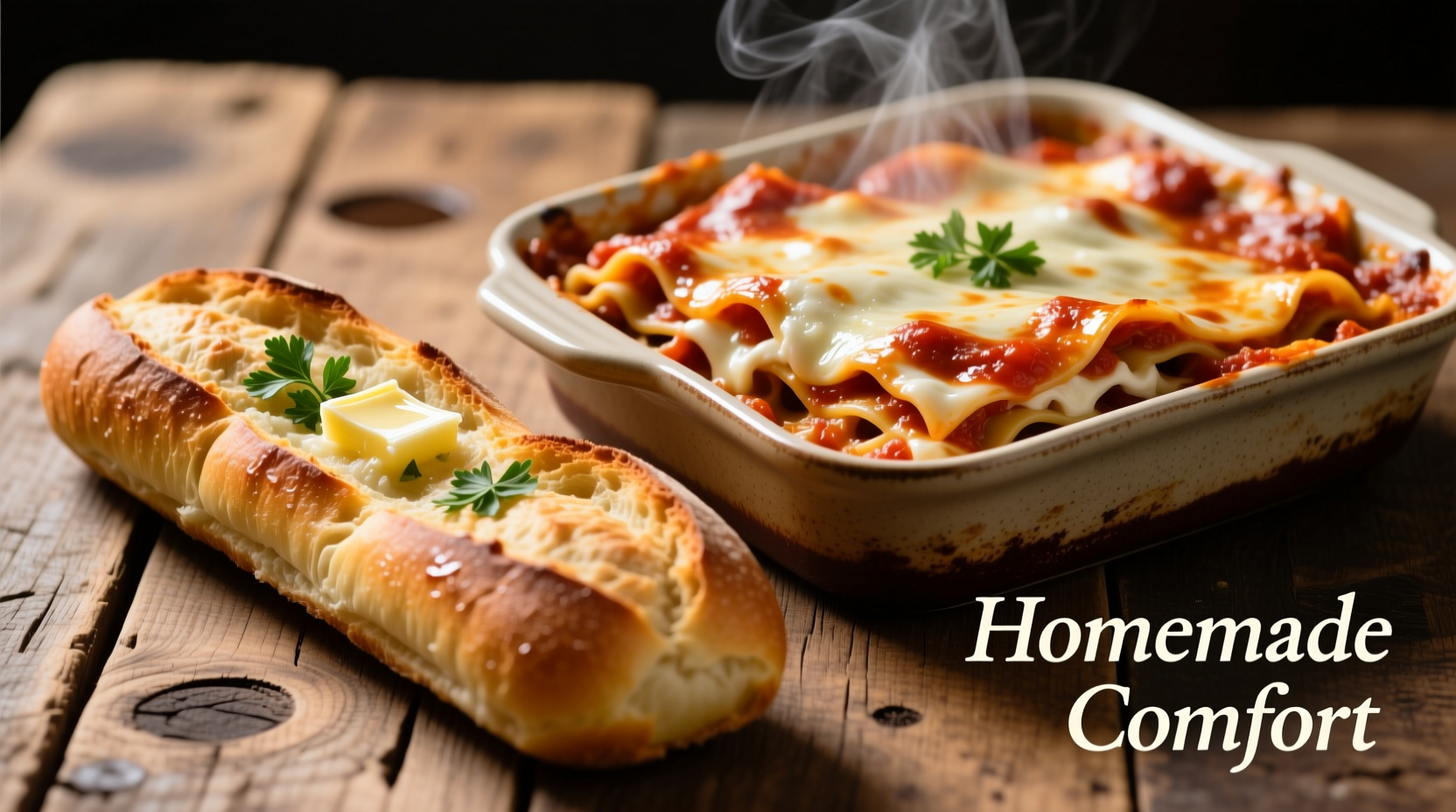 Freshly baked garlic bread alongside steaming lasagna