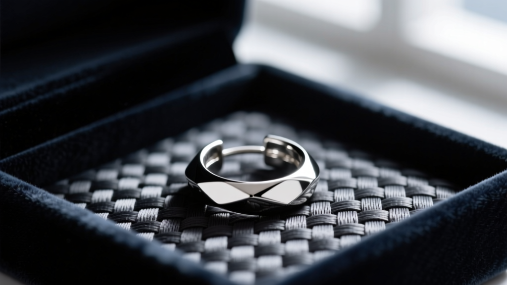 Macro shot of a silver hoop earring resting on woven anti-tarnish fabric inside a specialized dark velvet jewelry compartment