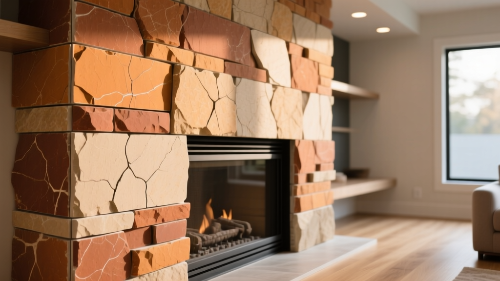 Close-up of interlocking stacked stone veneer panels in warm earth tones being installed on a modern living room fireplace surround