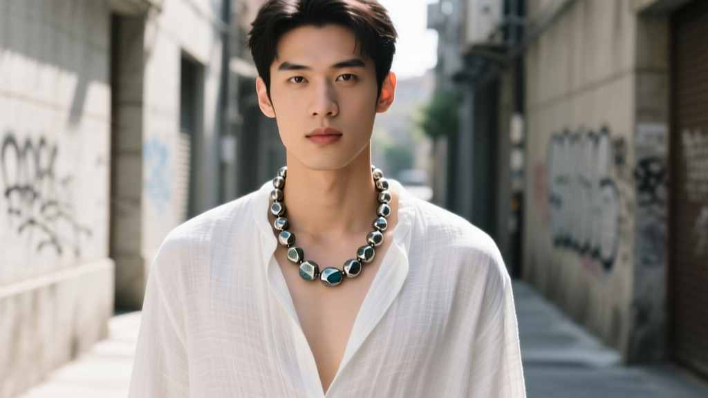 Street style portrait of a man in an open white linen shirt showcasing a 22-inch oxidized sterling silver bead necklace.