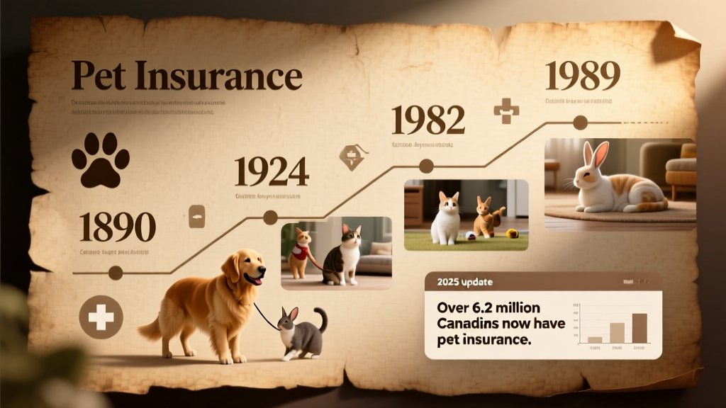 Historical timeline graphic showing key milestones in pet insurance history, including 1890, 1924, 1982, and 1989