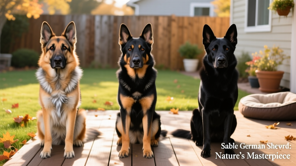 Side-by-side comparison of three German Shepherd coat variations: sable, black-and-tan, and solid black