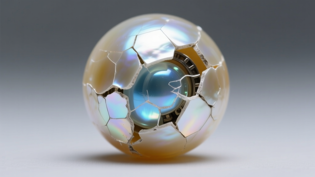 Close-up of a damaged vintage simulated pearl revealing the glass core beneath peeling guanine coating under studio lighting.