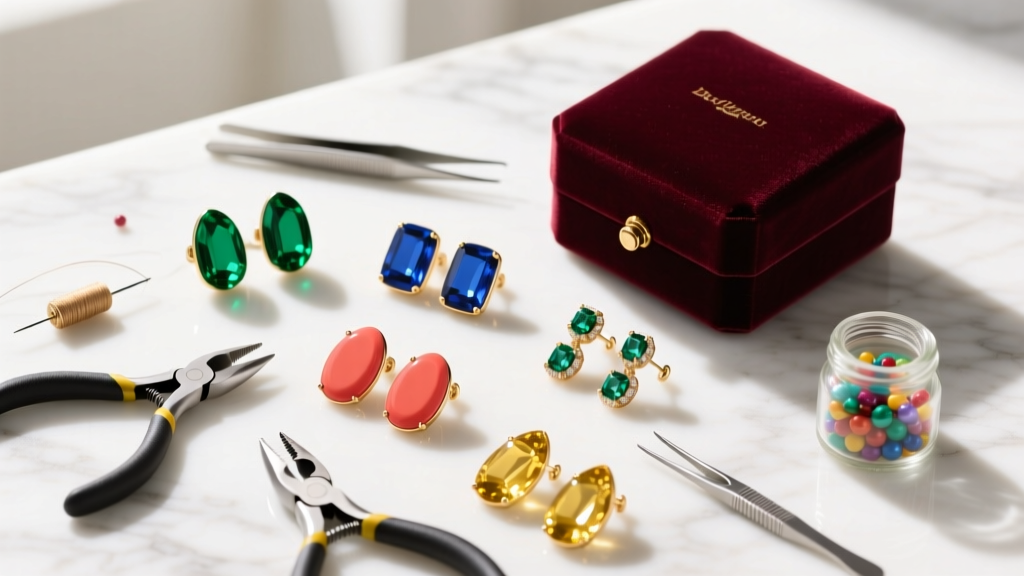 Flat lay of colorful budget earrings on a marble surface next to a velvet gift box and crafting tools in bright natural light