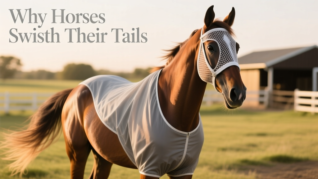 Close-up of a horse wearing a fly sheet and fly mask, standing calmly in a paddock