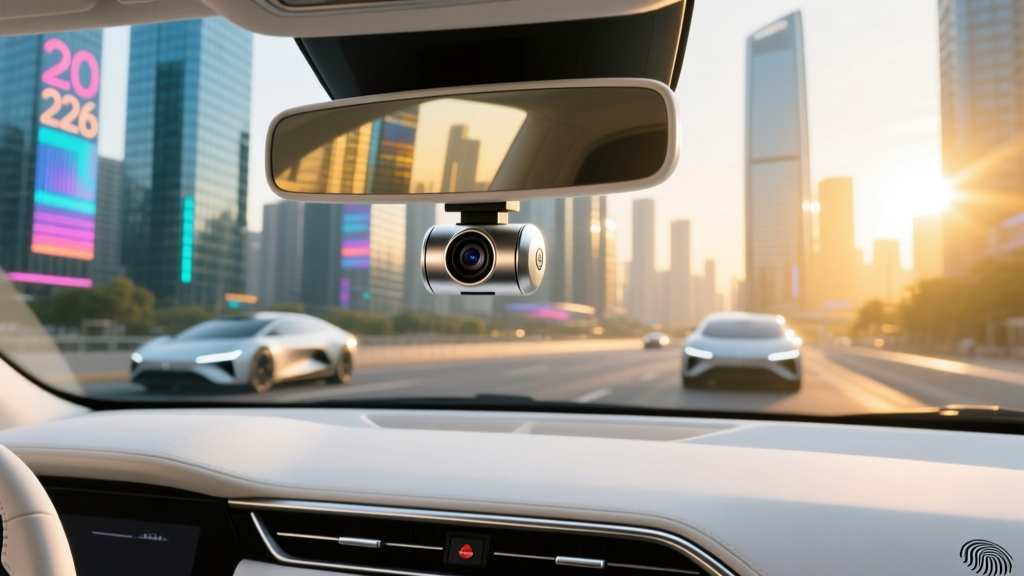 A minimalist car dashboard featuring a tiny cylindrical dash cam hidden behind the rearview mirror, capturing a bright 2026 cityscape.
