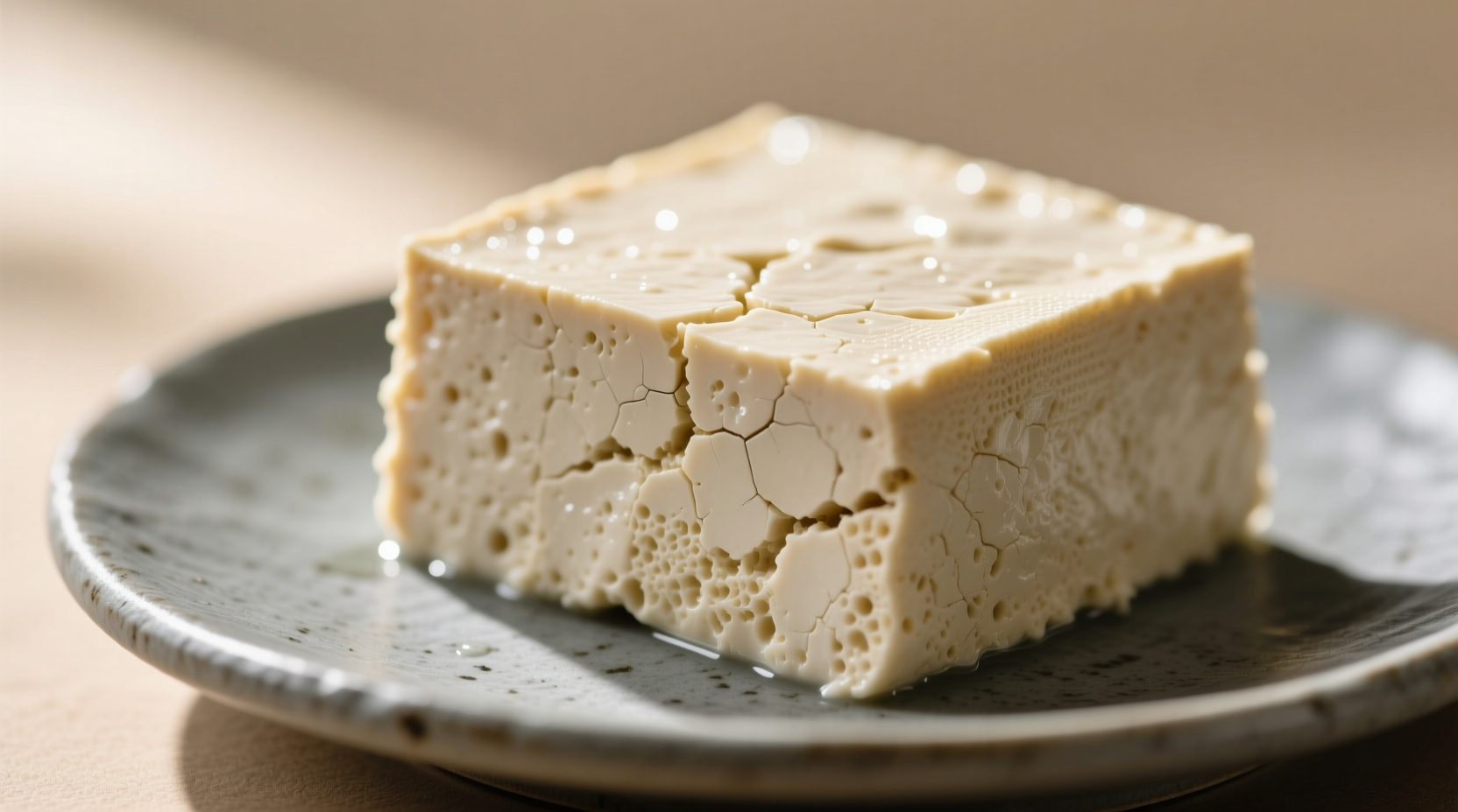 Pressed tofu block showing texture difference
