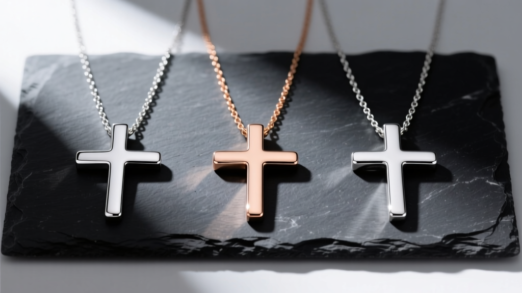 Flat lay of three horizontal cross necklaces in sterling silver, rose gold, and platinum on dark slate showing metal textures.