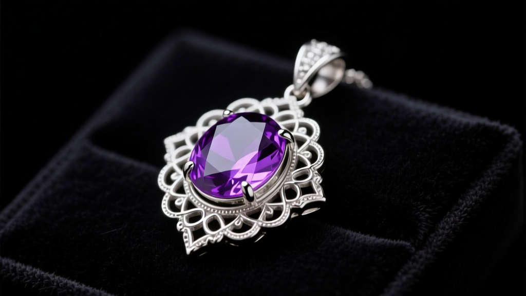 Silver Amulet of Avalor pendant on dark velvet, showing filigree borders and a purple gemstone under soft studio lighting.