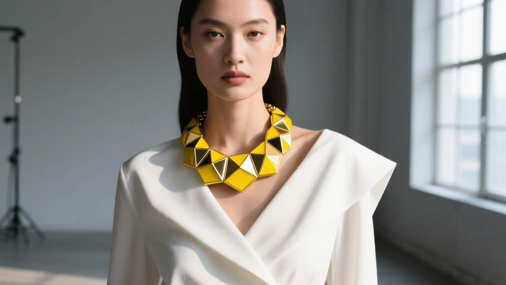 Model wearing a bold, chunky yellow statement necklace of vitreous enamel and 18k gold over a crisp white asymmetrical blouse.